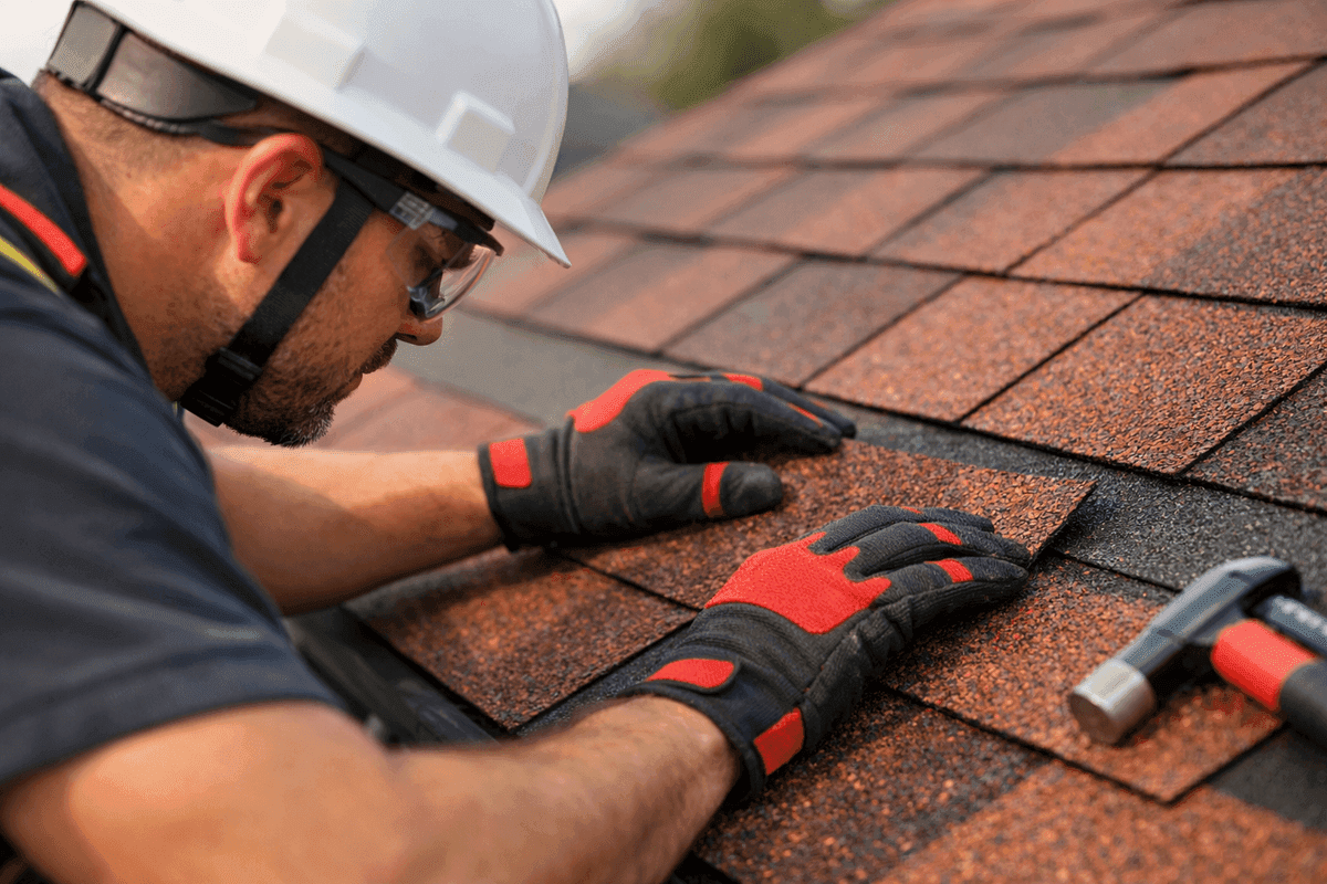 Close-up of roofer’s gloved hands aligning red shingles on a residential roof safely.